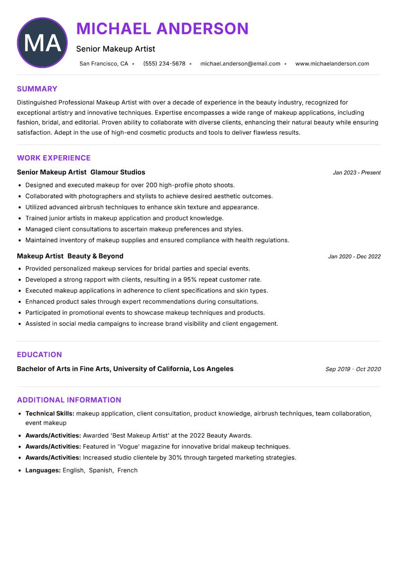 Professional Makeup Artist resume example — ATS-friendly template