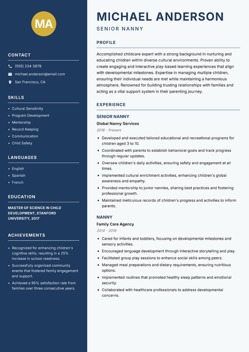 Professional Nanny resume template — Classic Clean