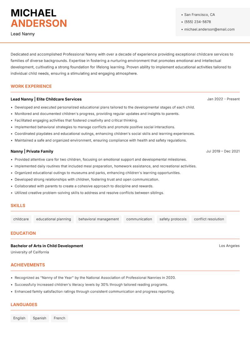 Professional Nanny resume template — Modern Professional
