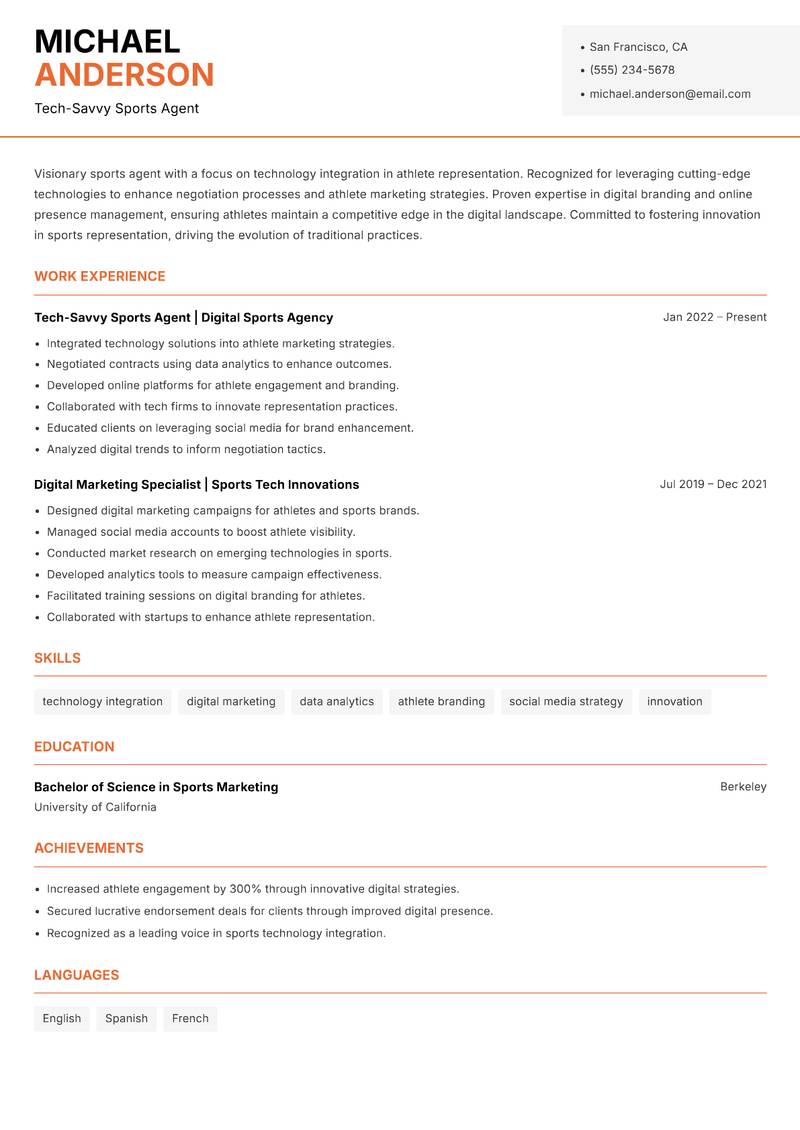 Professional Sports Agent resume template — Modern Professional
