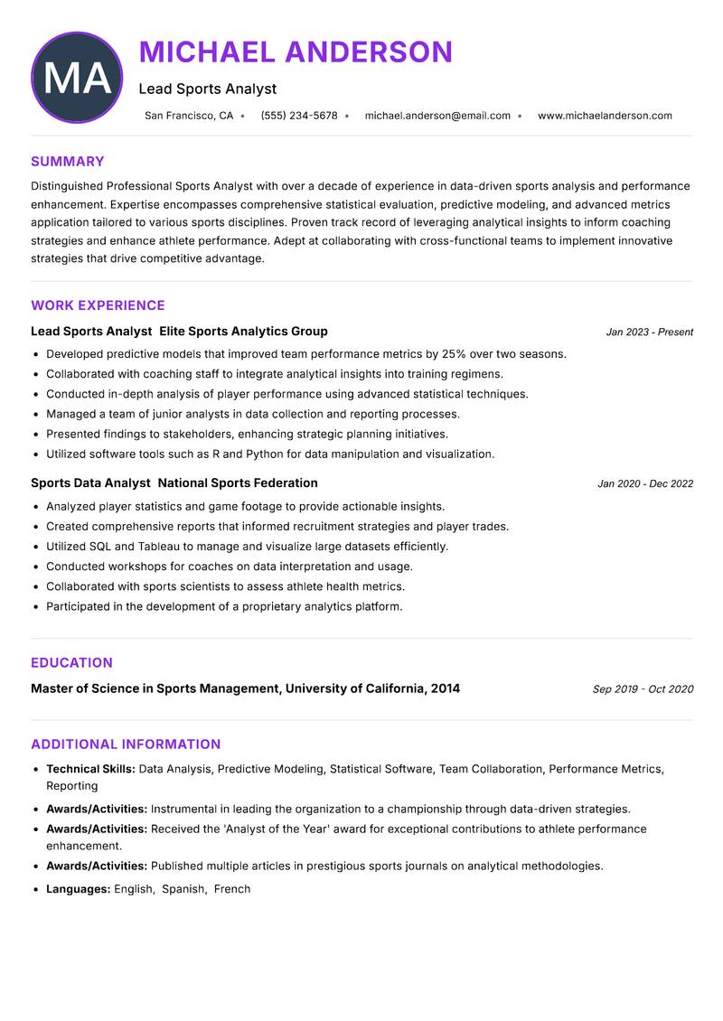 Professional Sports Analyst resume example — ATS-friendly template