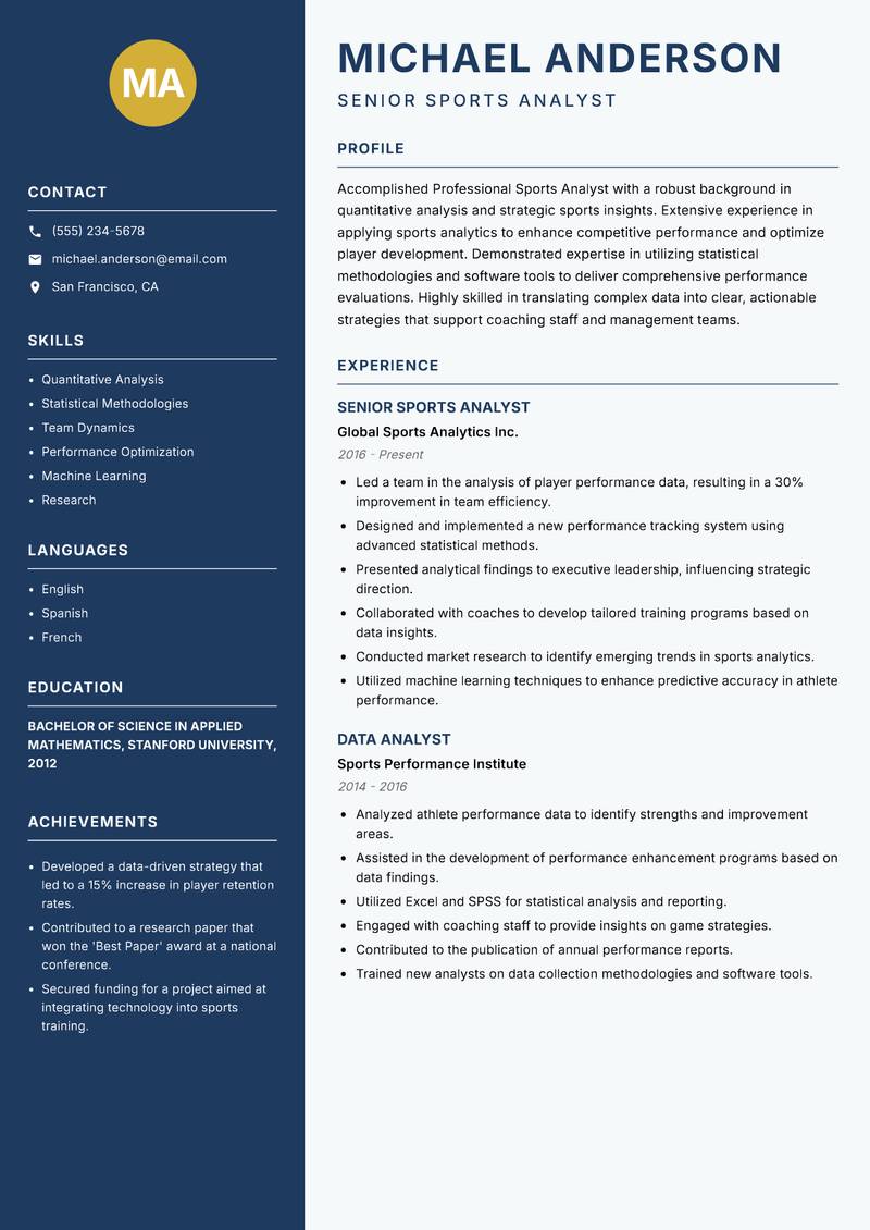 Professional Sports Analyst resume template — Classic Clean