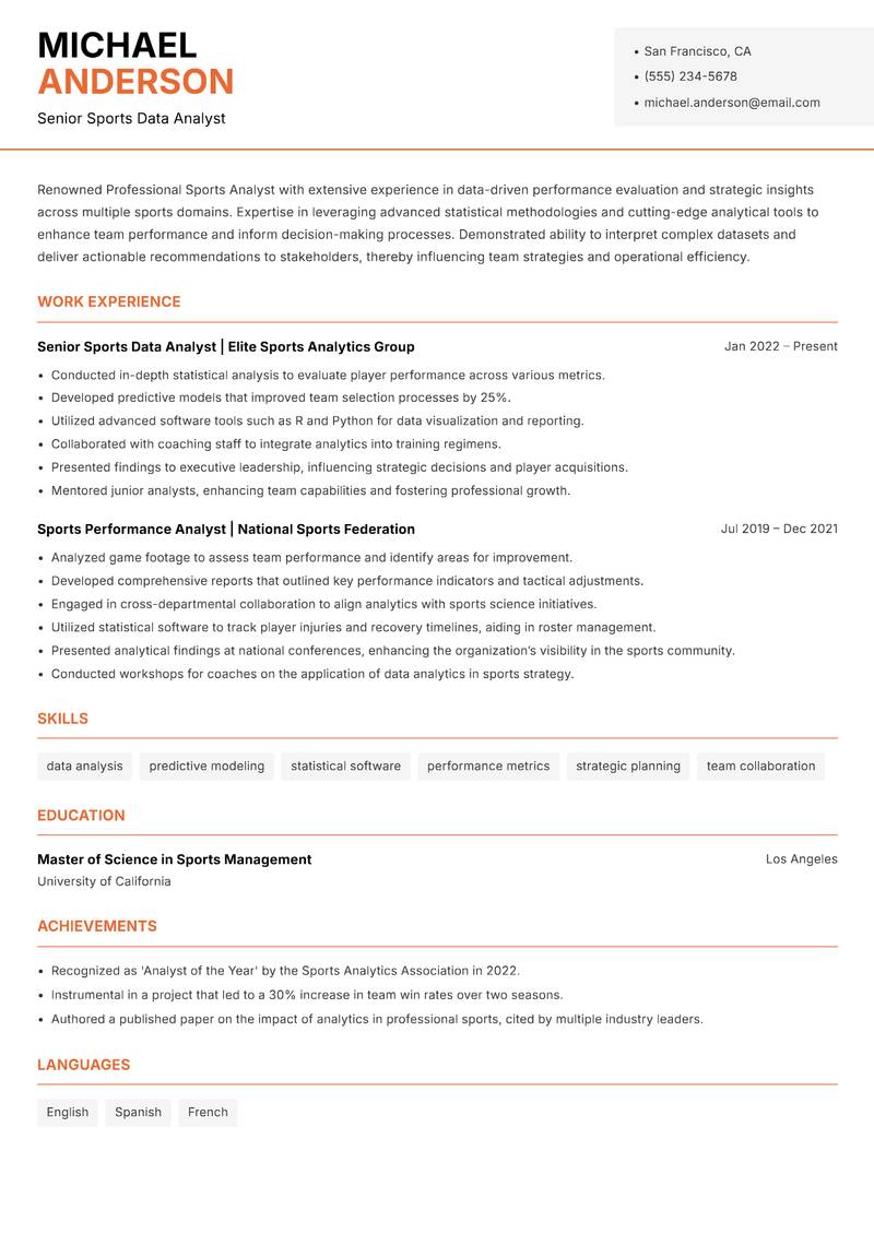 Professional Sports Analyst resume template — Modern Professional