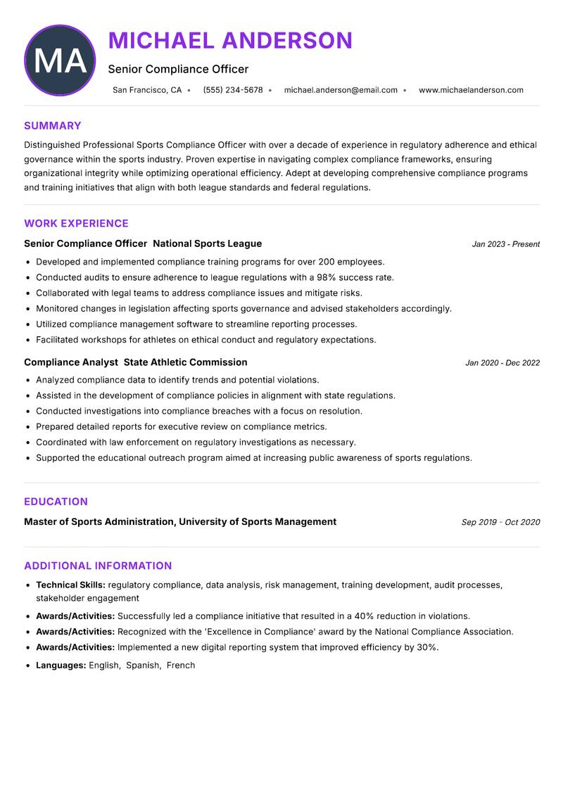 Professional Sports Compliance Officer resume example — ATS-friendly template