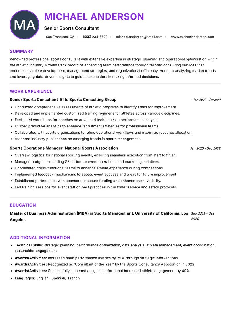 Professional Sports Consultant resume example — ATS-friendly template
