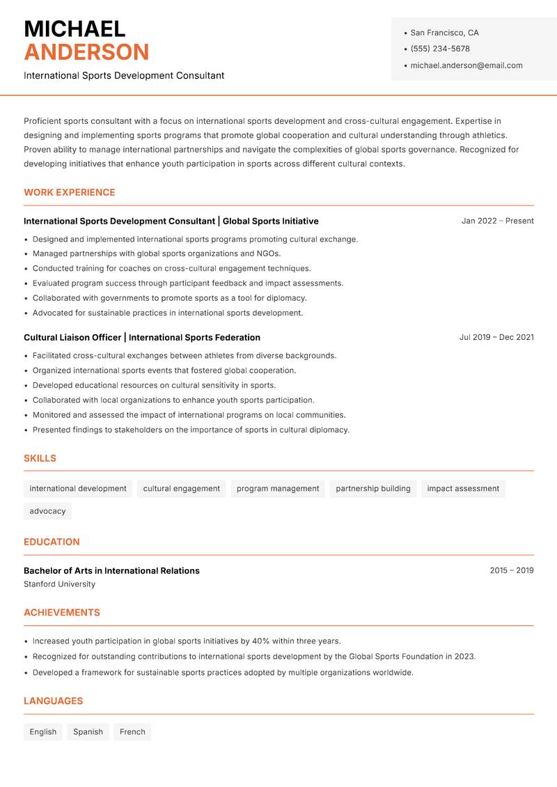 Professional Sports Consultant resume template — Modern Professional