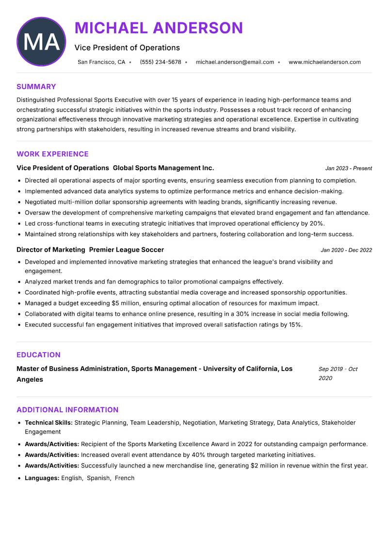 Professional Sports Executive resume example — ATS-friendly template