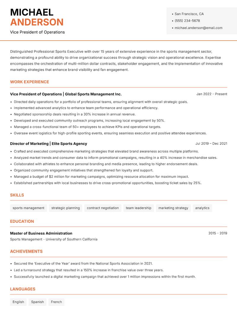 Professional Sports Executive resume template — Modern Professional