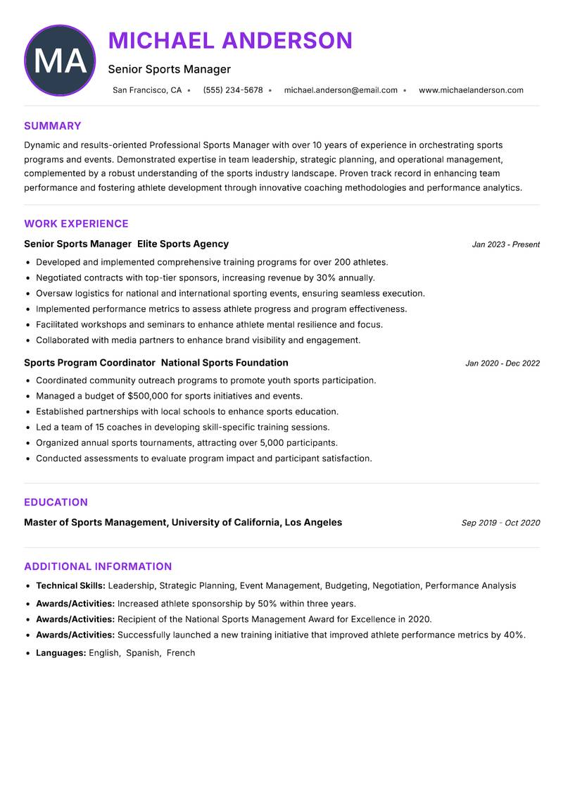 Professional Sports Manager resume example — ATS-friendly template