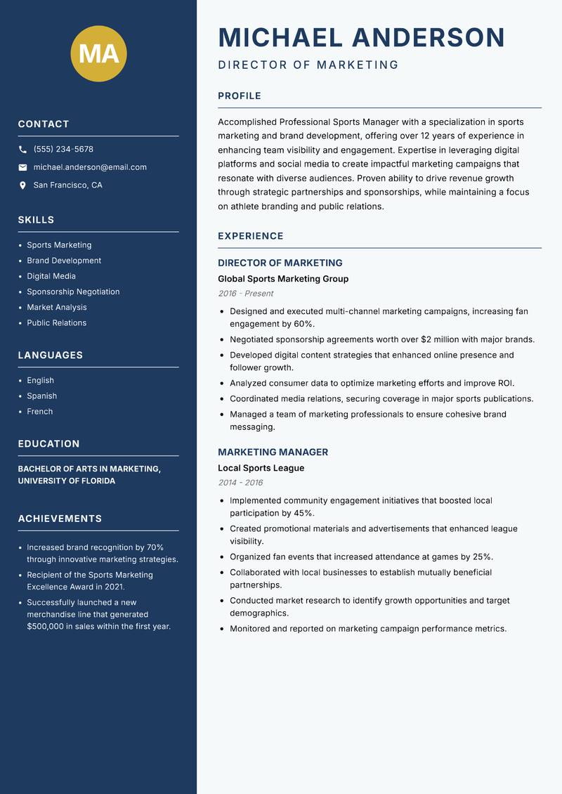 Professional Sports Manager resume template — Classic Clean