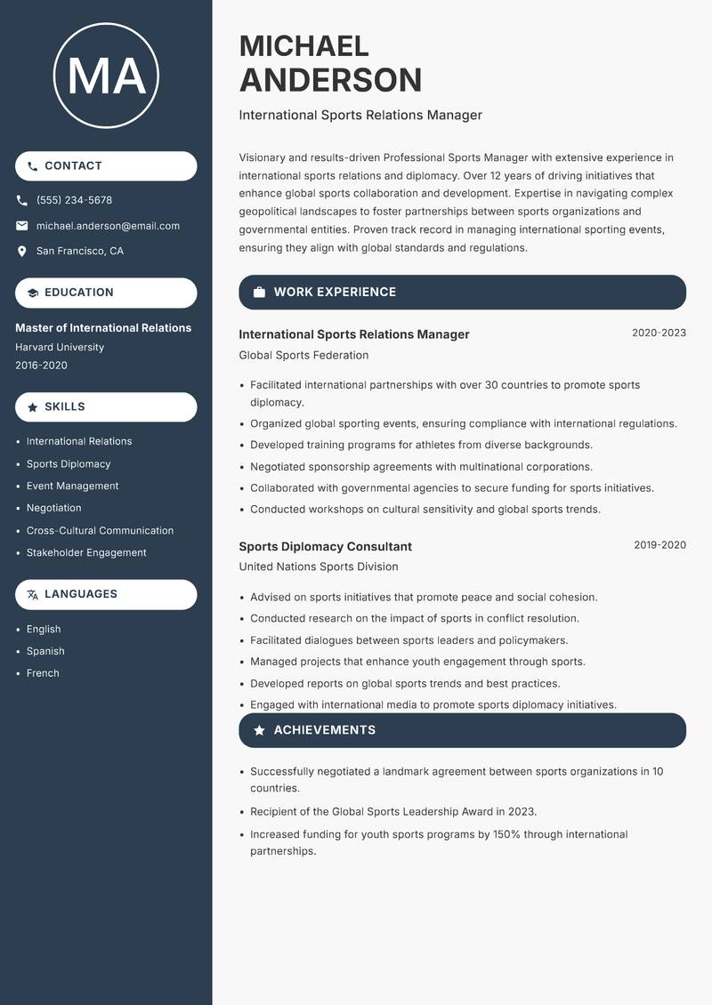 Professional Sports Manager resume template — Compact
