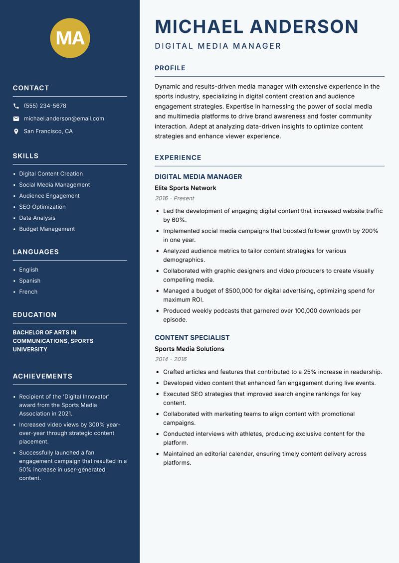 Professional Sports Media Manager resume template — Classic Clean
