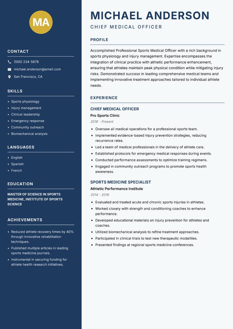 Professional Sports Medical Officer resume template — Classic Clean