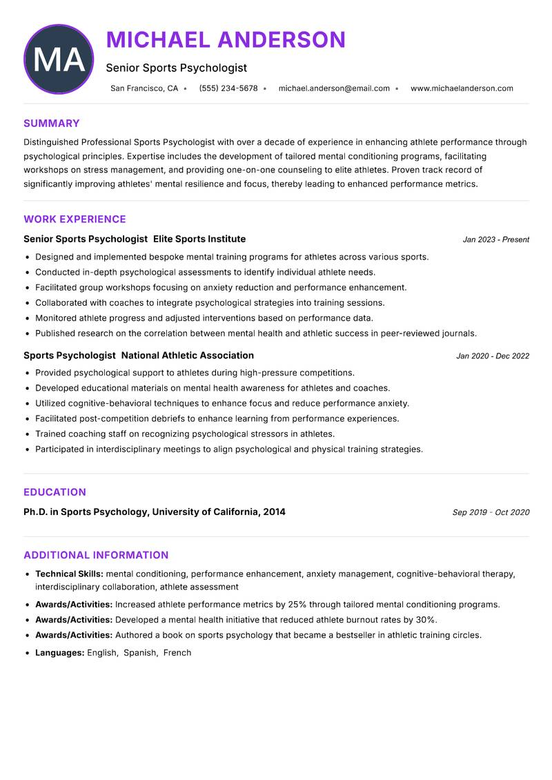 Professional Sports Psychologist resume example — ATS-friendly template