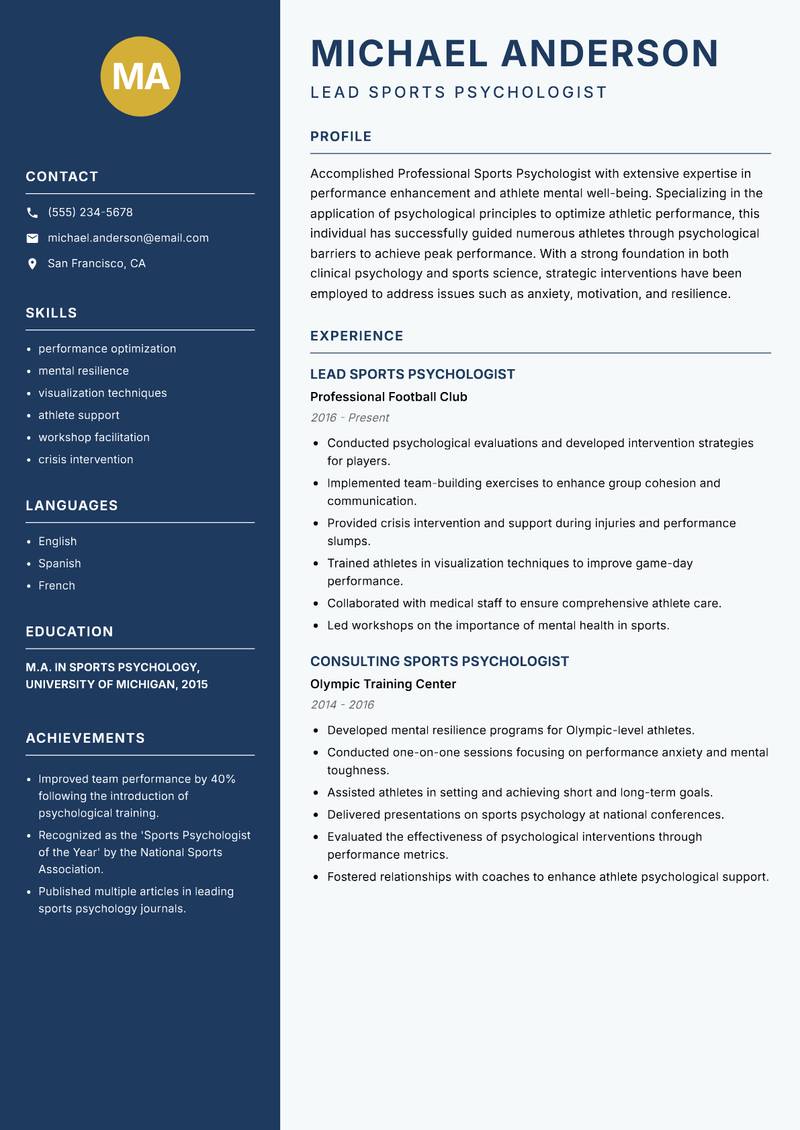 Professional Sports Psychologist resume template — Classic Clean