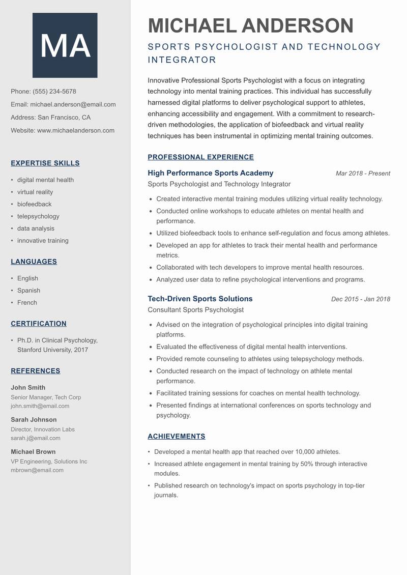 Professional Sports Psychologist resume template — Creative Minimal