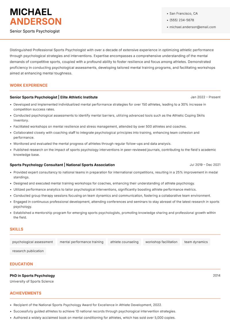 Professional Sports Psychologist resume template — Modern Professional
