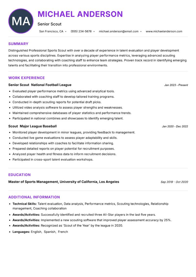 Professional Sports Scout resume example — ATS-friendly template