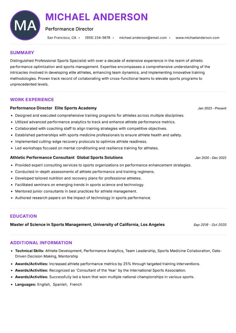 Professional Sports Specialist resume example — ATS-friendly template