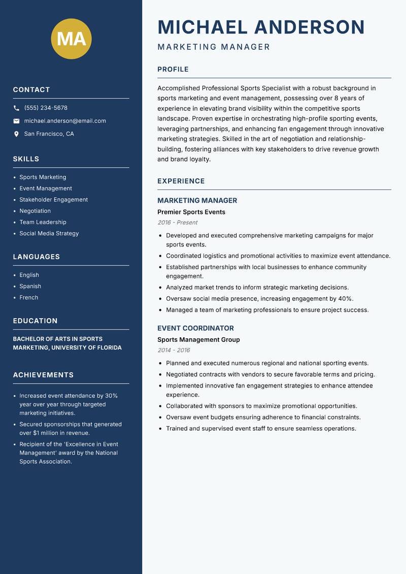 Professional Sports Specialist resume template — Classic Clean