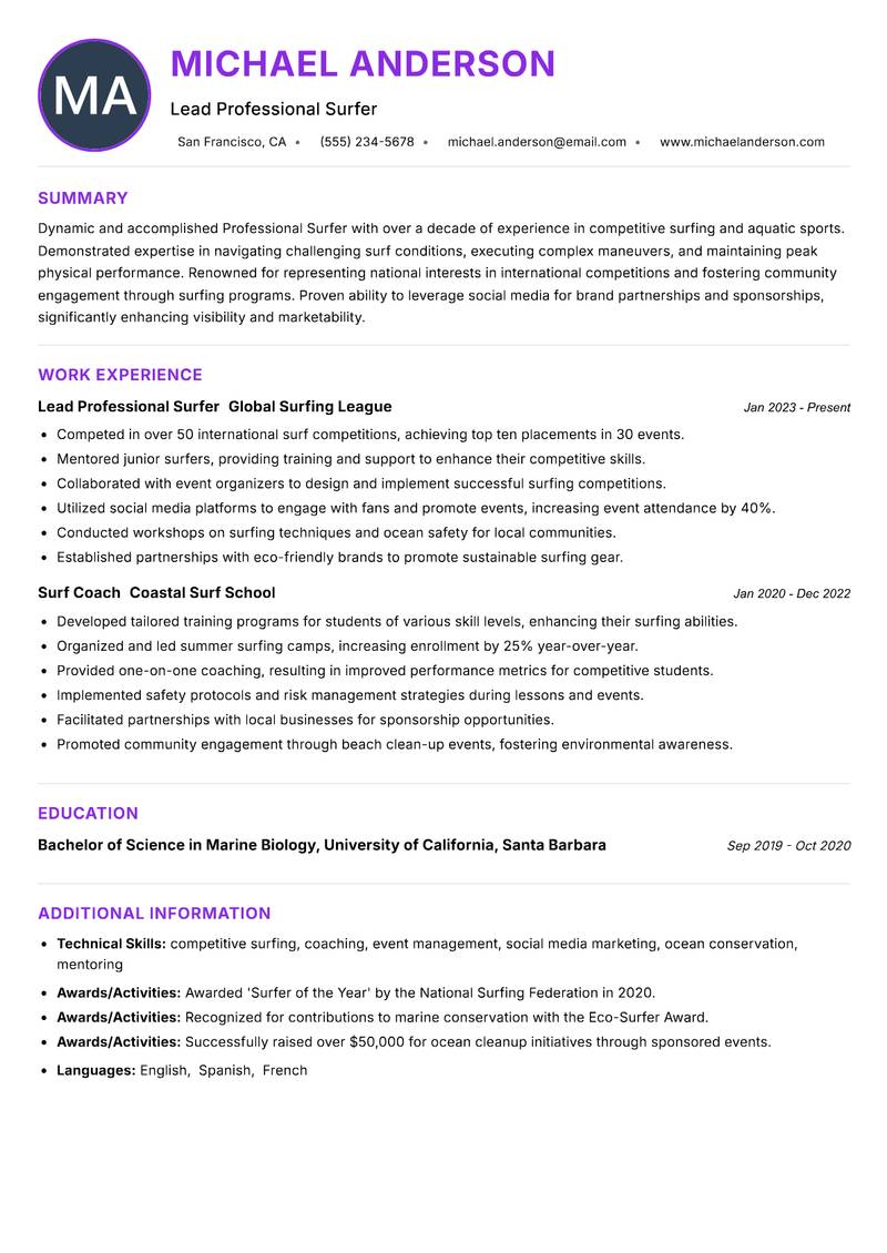 Professional Surfer resume example — ATS-friendly template