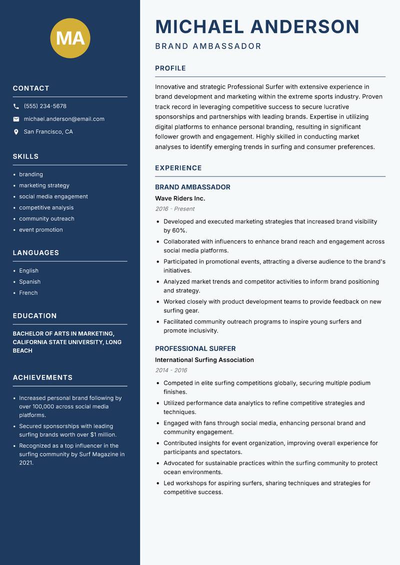 Professional Surfer resume template — Classic Clean