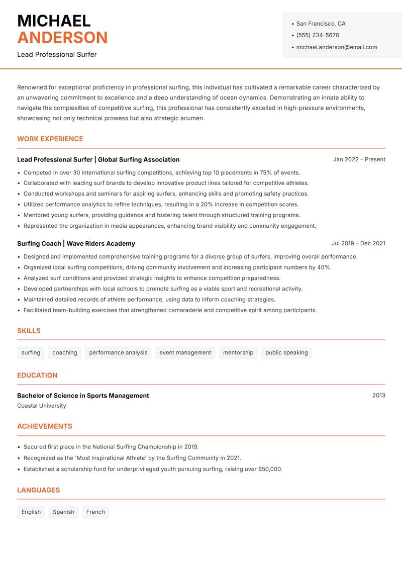 Professional Surfer resume template — Modern Professional