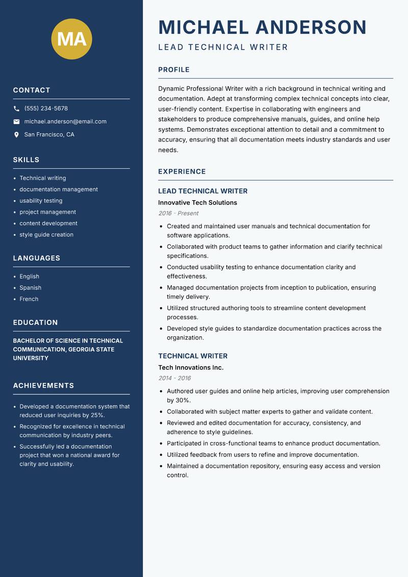 Professional Writer resume template — Classic Clean