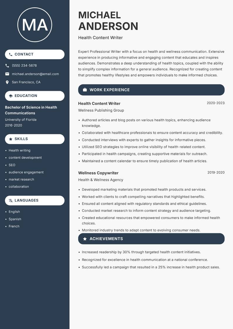 Professional Writer resume template — Compact