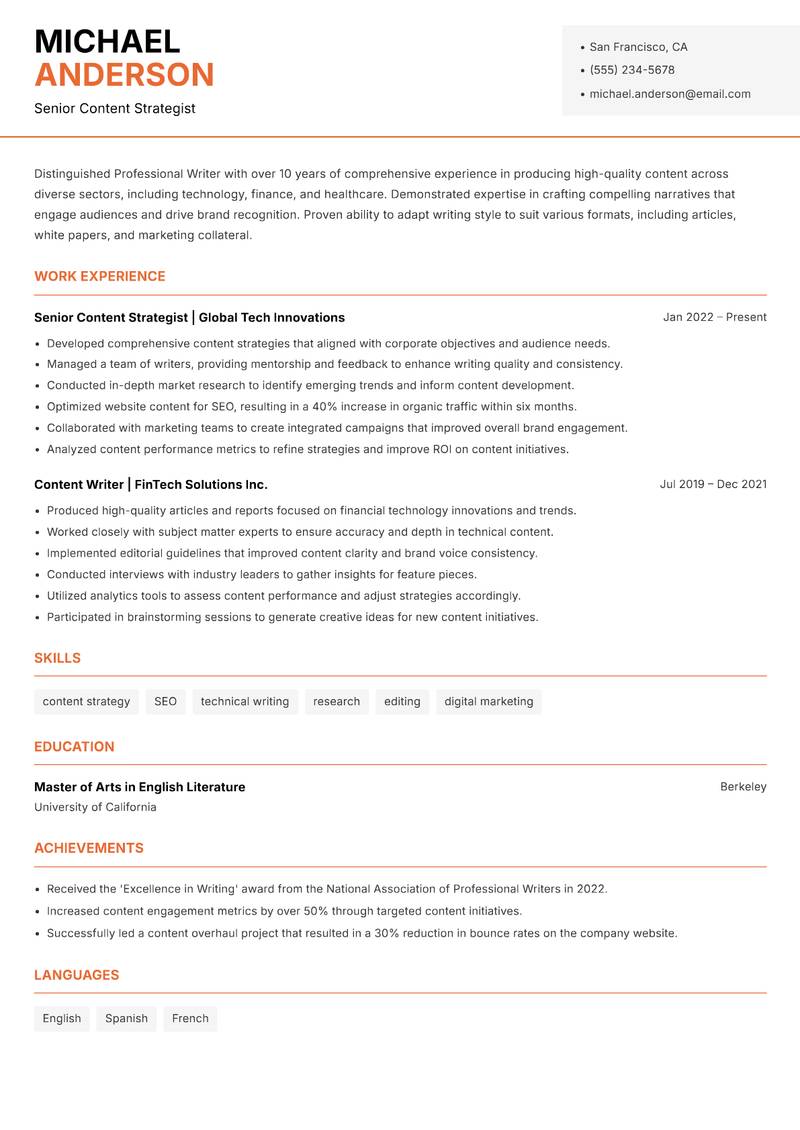 Professional Writer resume template — Modern Professional
