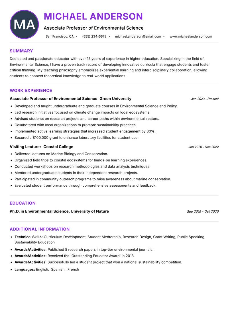 Professor resume example — ATS-friendly template