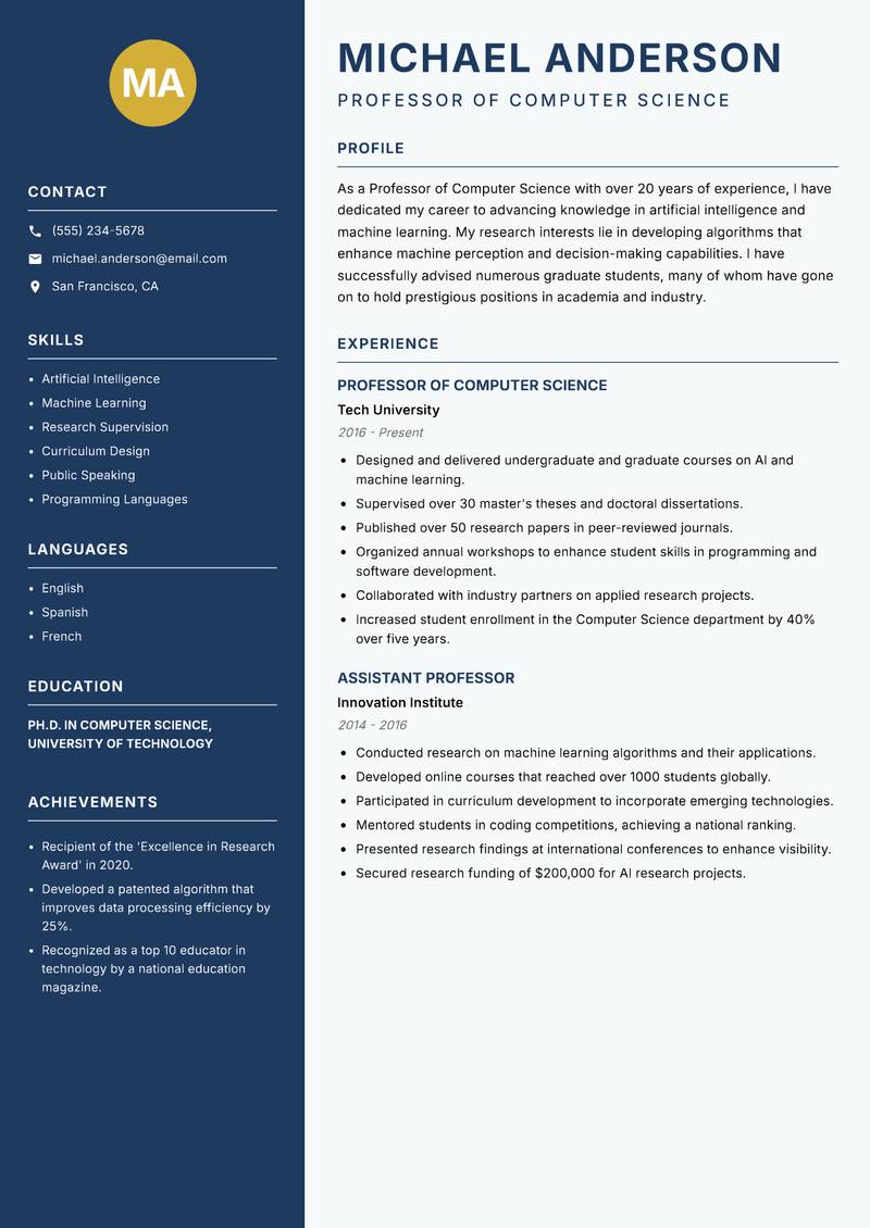 Professor resume template — Classic Clean