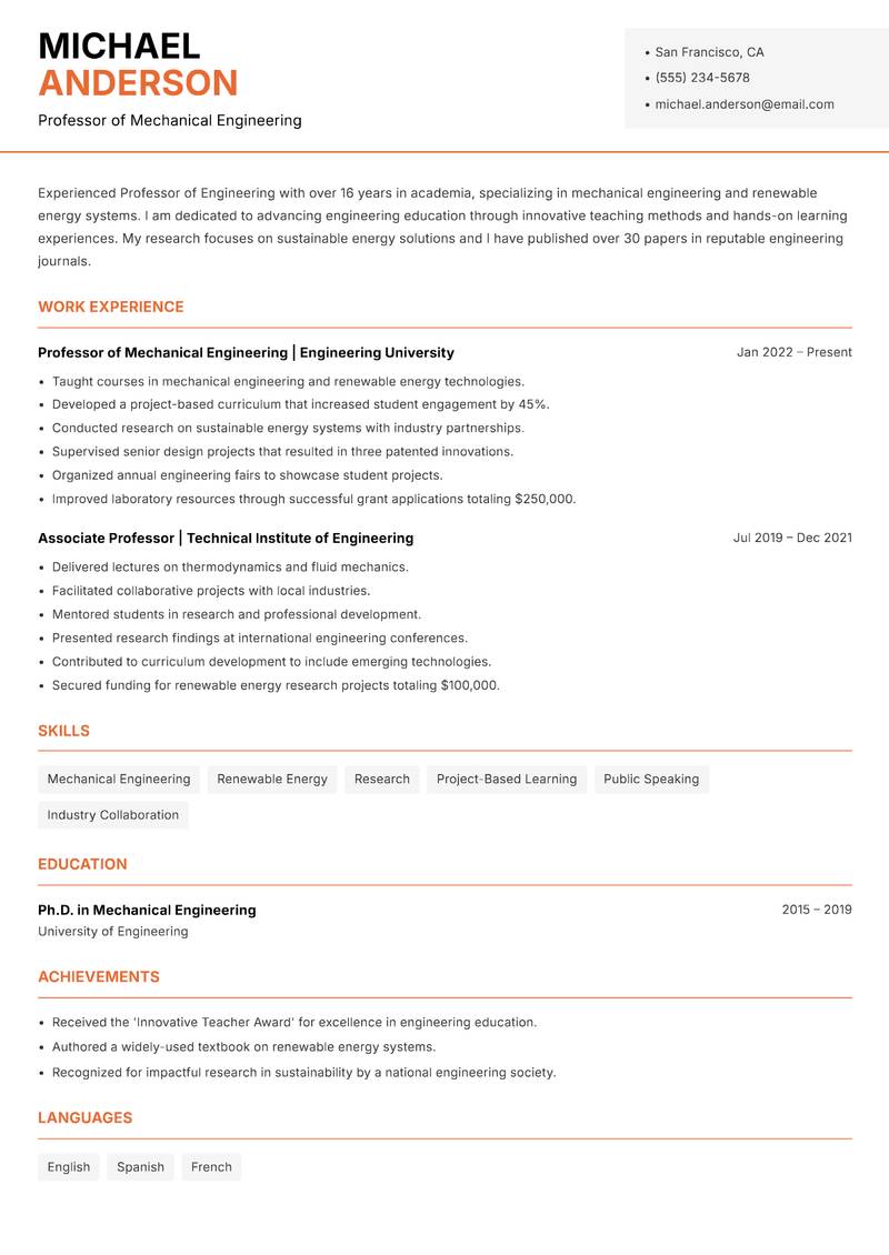 Professor resume template — Modern Professional