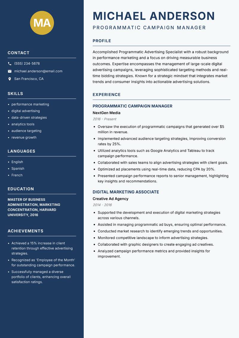 Programmatic Advertising Specialist resume template — Classic Clean