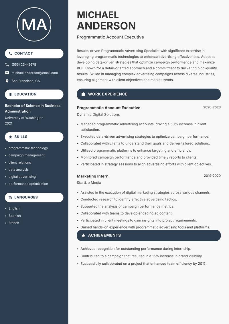 Programmatic Advertising Specialist resume template — Compact