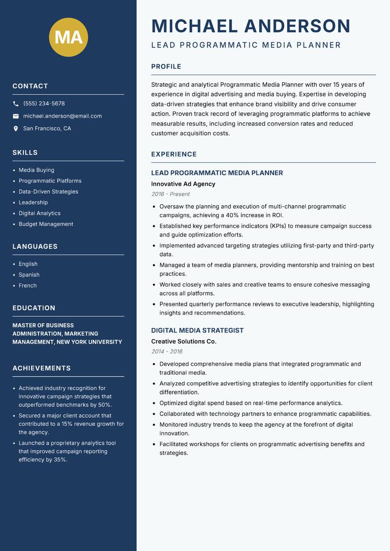 Programmatic Media Planner resume template — Classic Clean