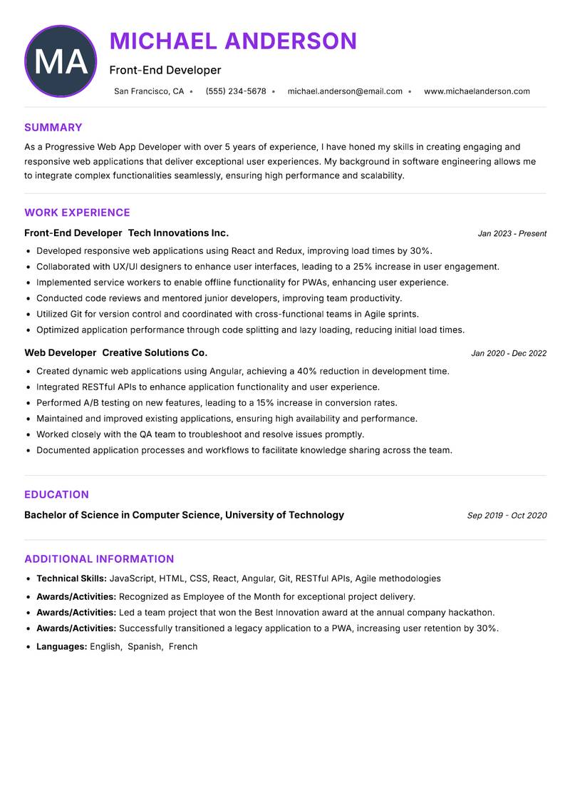 Progressive Web App Developer resume example — ATS-friendly template