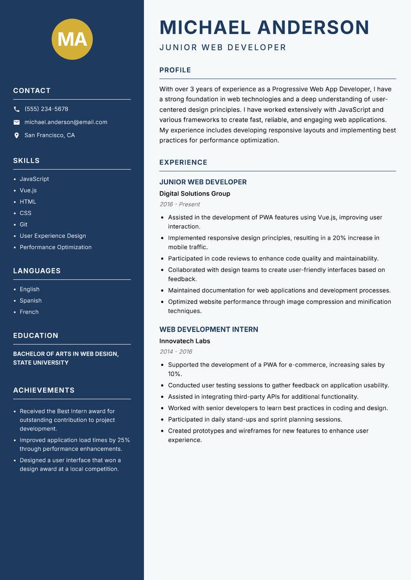 Progressive Web App Developer resume template — Classic Clean