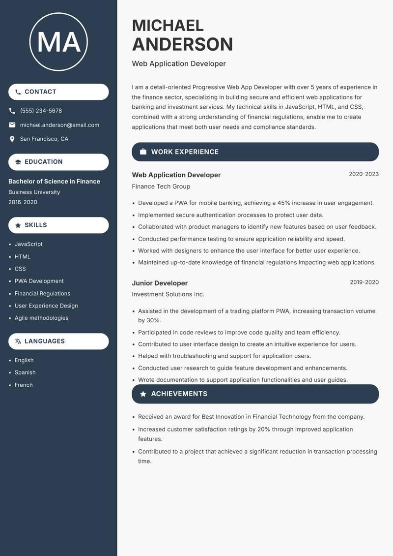 Progressive Web App Developer resume template — Compact