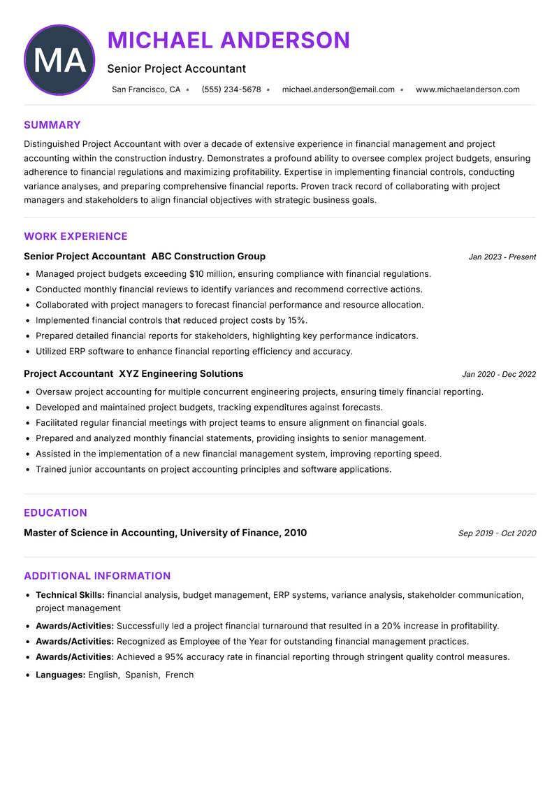 Project Accountant resume example — ATS-friendly template