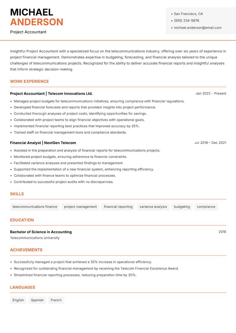 Project Accountant resume template — Modern Professional