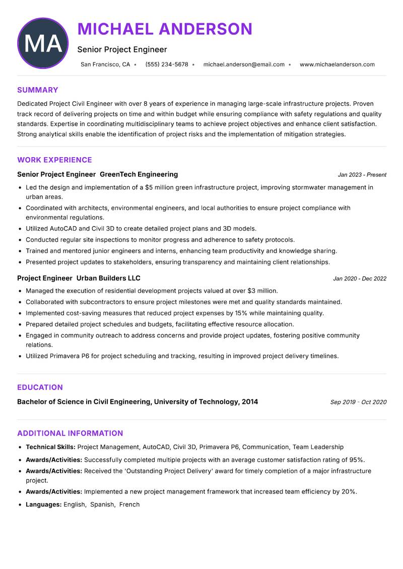Project Civil Engineer resume example — ATS-friendly template