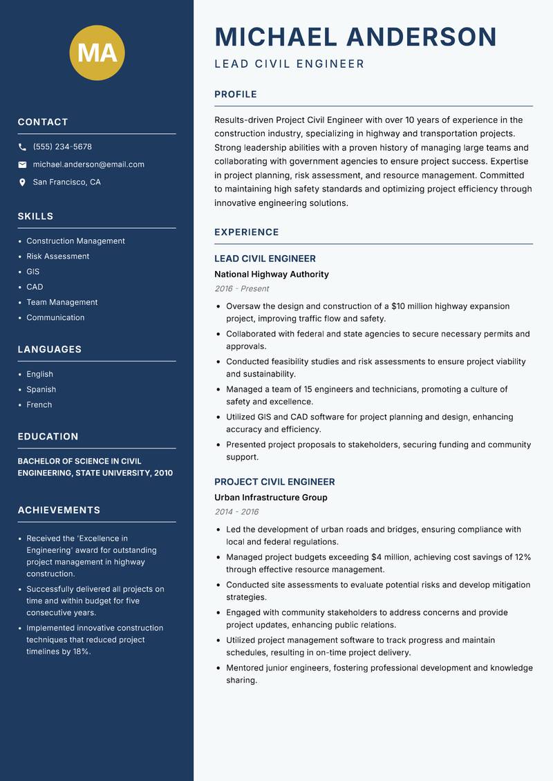 Project Civil Engineer resume template — Classic Clean