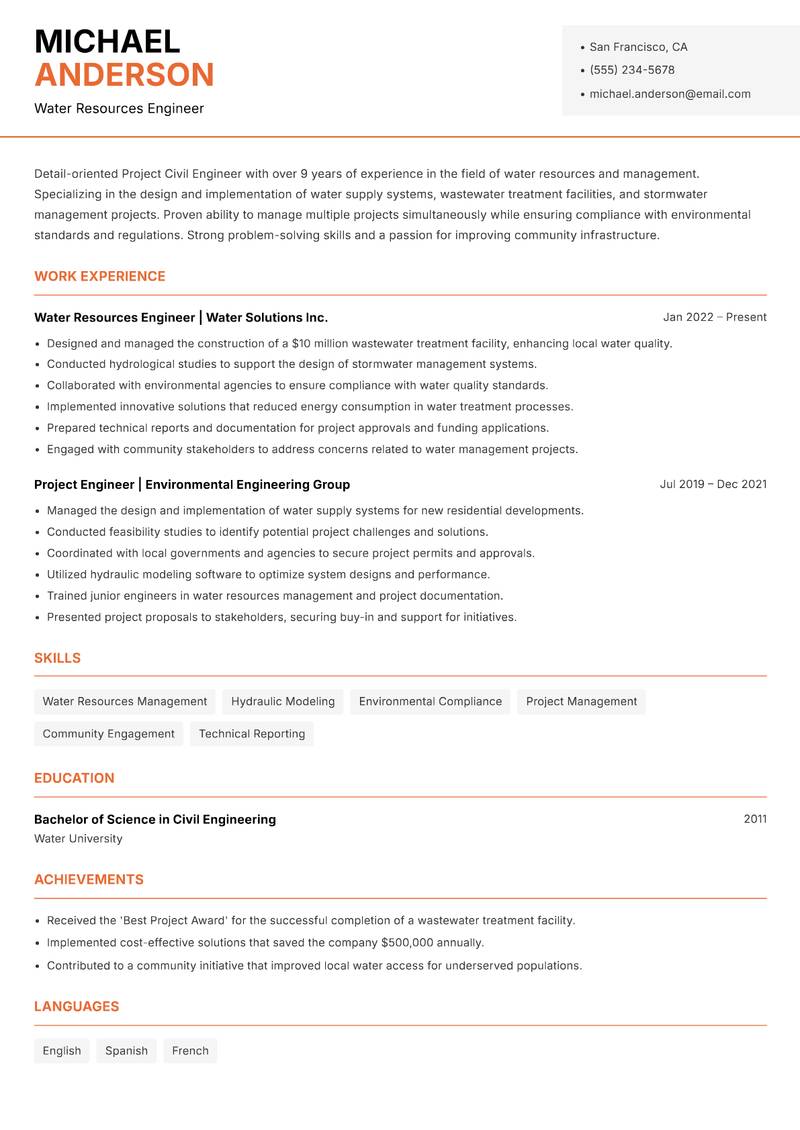 Project Civil Engineer resume template — Modern Professional