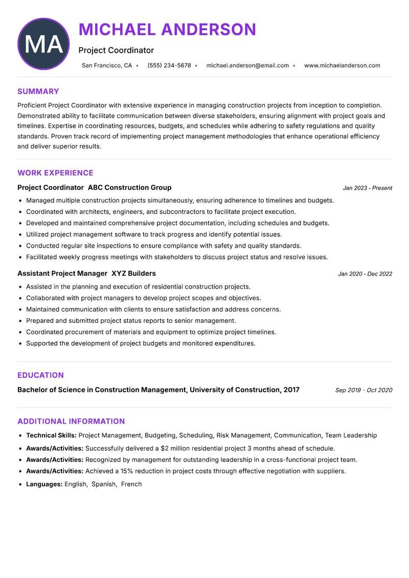 Project Coordinator Construction resume example — ATS-friendly template
