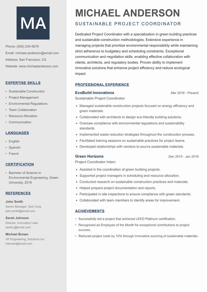 Project Coordinator Construction resume template — Creative Minimal