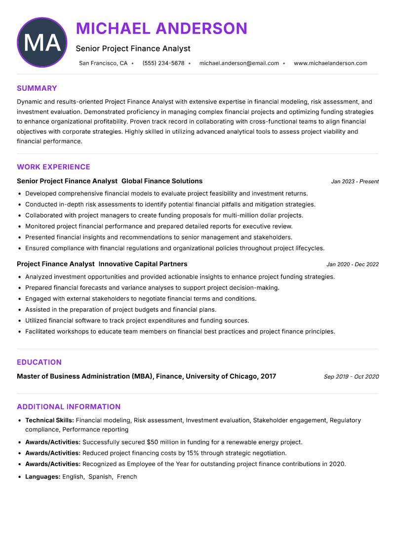 Project Finance Analyst resume example — ATS-friendly template