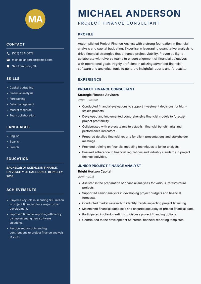 Project Finance Analyst resume template — Classic Clean