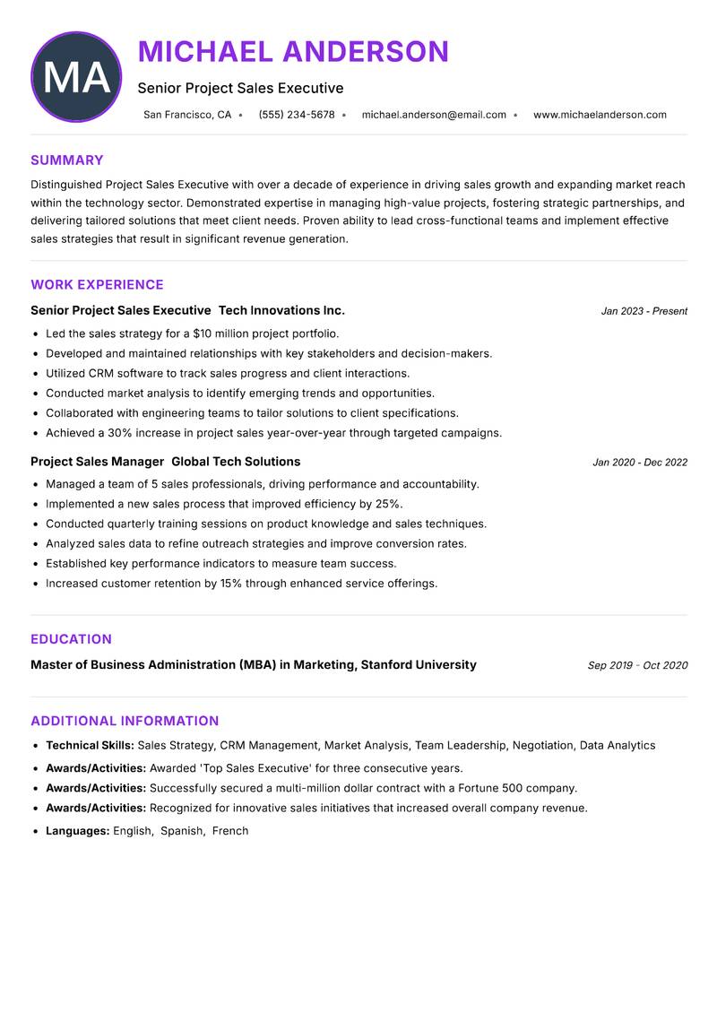 Project Sales Executive resume example — ATS-friendly template