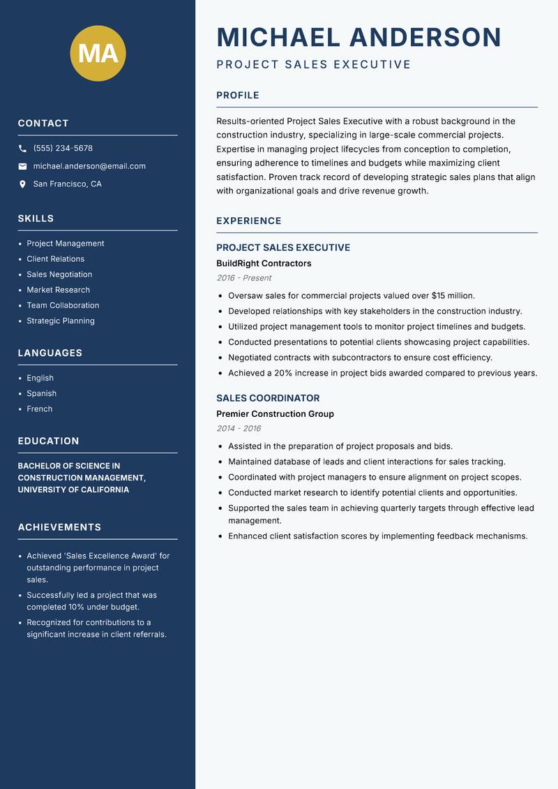 Project Sales Executive resume template — Classic Clean